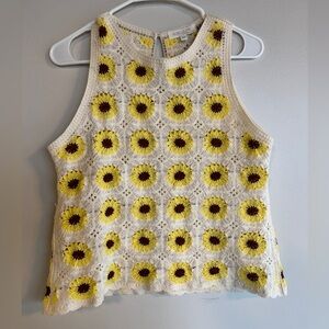 REBELLION AGAIN Crochet Sunflower Tank Top XS Boho Festival Yellow White Brown